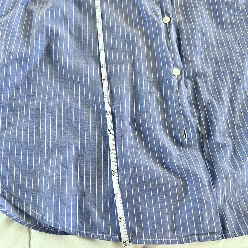 LOFT EMBROIDERED TAB COLLAR BUTTONDOWN TOP BLUE WHITE STRIPED BOHO RUFFLE SLEEVE - Picture 9 of 11